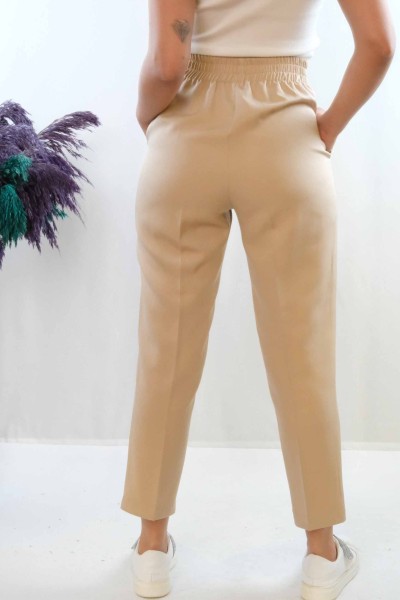 Moda Çizgi Düğme Aksesuarlı Yüksek Bel Pantolon Bej - Thumbnail