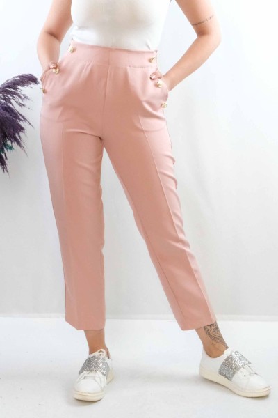 Moda Çizgi Düğme Aksesuarlı Yüksek Bel Pantolon Pudra - Thumbnail