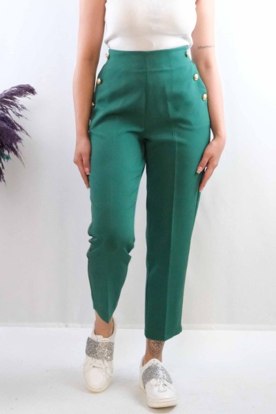 Moda Çizgi Düğme Aksesuarlı Yüksek Bel Pantolon Zümrüt - Thumbnail