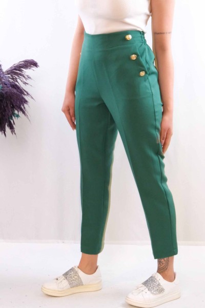 Moda Çizgi Düğme Aksesuarlı Yüksek Bel Pantolon Zümrüt - Thumbnail