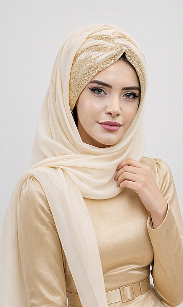 Ekru Gold Dantelli Hazır Şifon Şal