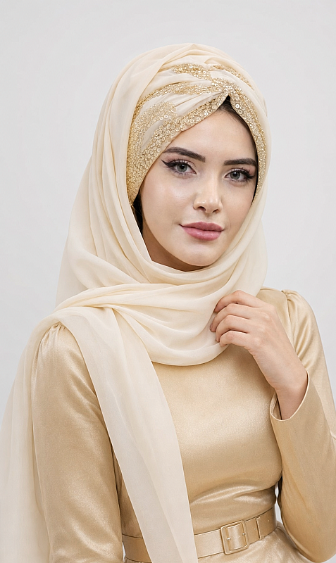 Ekru Gold Dantelli Hazır Şifon Şal - 1
