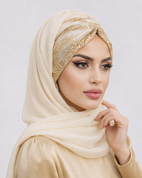Ekru Gold Dantelli Hazır Şifon Şal - 2