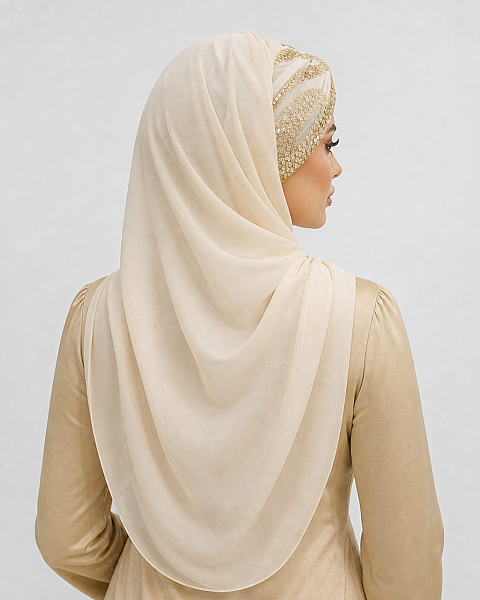 Ekru Gold Dantelli Hazır Şifon Şal - 3