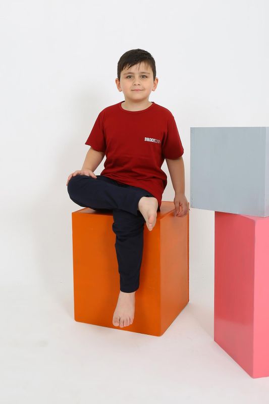Moda Çizgi Erkek Çocuk Kısa Kol Bordo Penye Pijama Takımı 20436 - 1