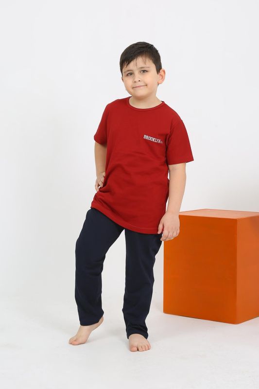 Moda Çizgi Erkek Çocuk Kısa Kol Bordo Penye Pijama Takımı 20436 - 2