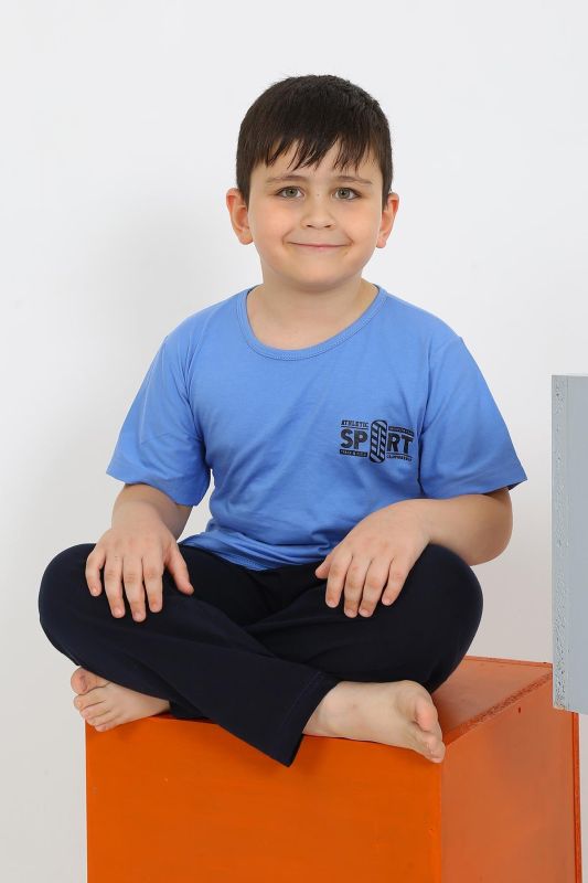 Moda Çizgi Erkek Çocuk Kısa Kol Mavi Penye Pijama Takımı 20436 - 1