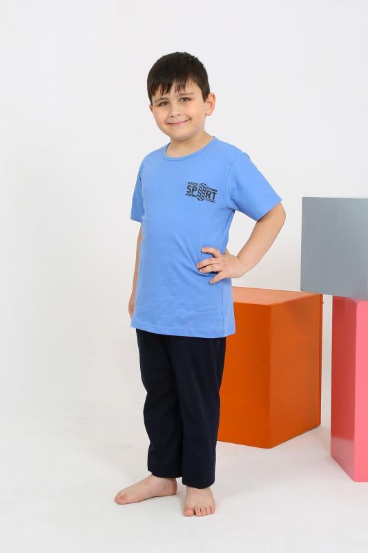 Moda Çizgi Erkek Çocuk Kısa Kol Mavi Penye Pijama Takımı 20436 - 2