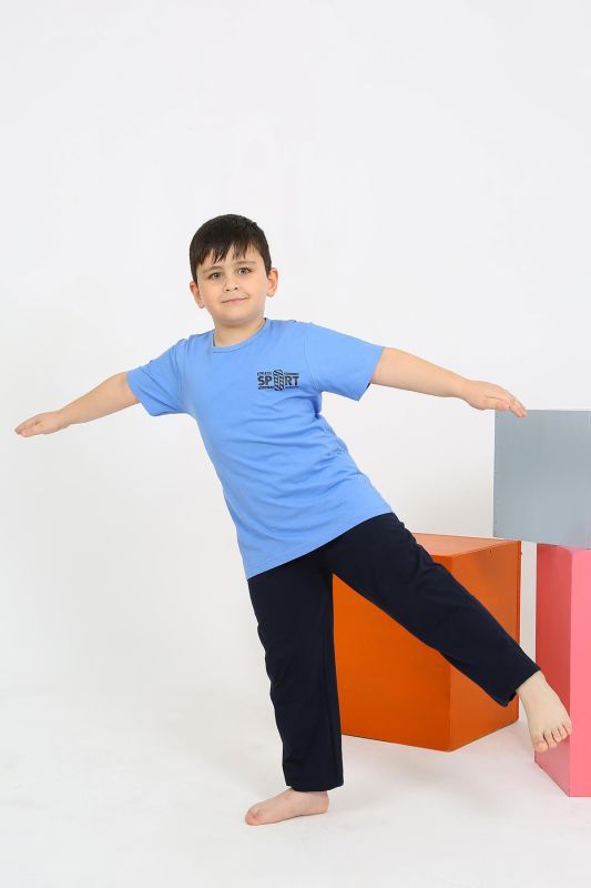 Moda Çizgi Erkek Çocuk Kısa Kol Mavi Penye Pijama Takımı 20436 - 3