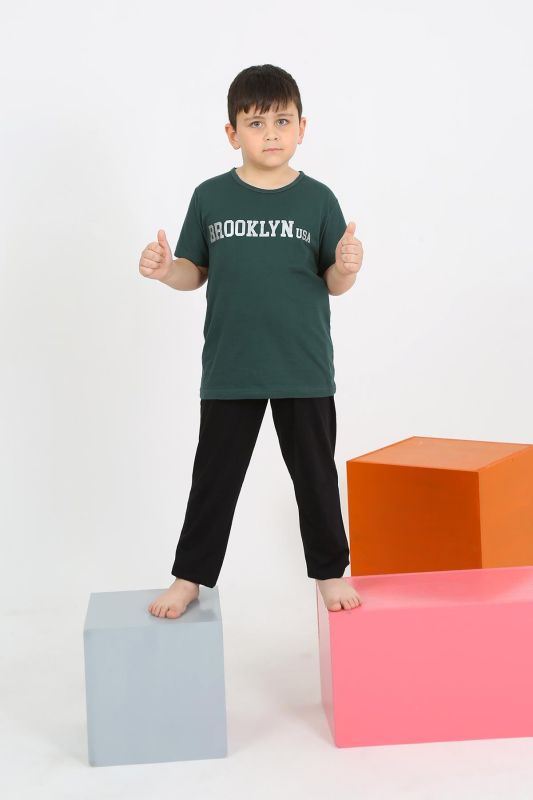Moda Çizgi Erkek Çocuk Kısa Kol Zümrüt Yeşili Penye Pijama Takımı 20436 - 2