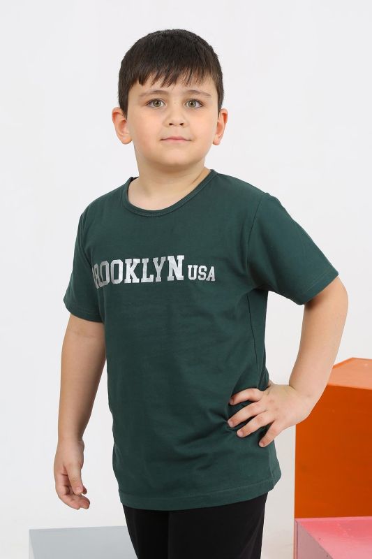 Moda Çizgi Erkek Çocuk Kısa Kol Zümrüt Yeşili Penye Pijama Takımı 20436 - 3