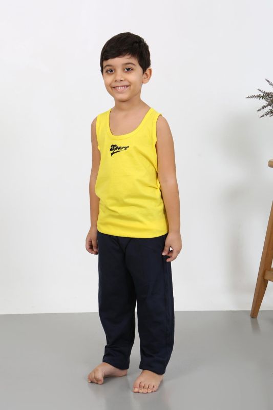 Moda Çizgi Erkek Çocuk Sıfır Kol Penye Pijama Takım Sarı 20439 - 1