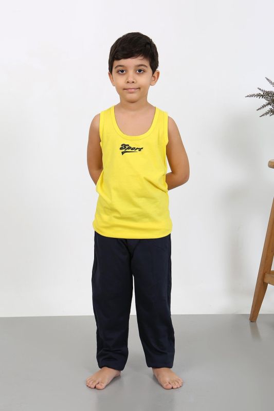 Moda Çizgi Erkek Çocuk Sıfır Kol Penye Pijama Takım Sarı 20439 - 2