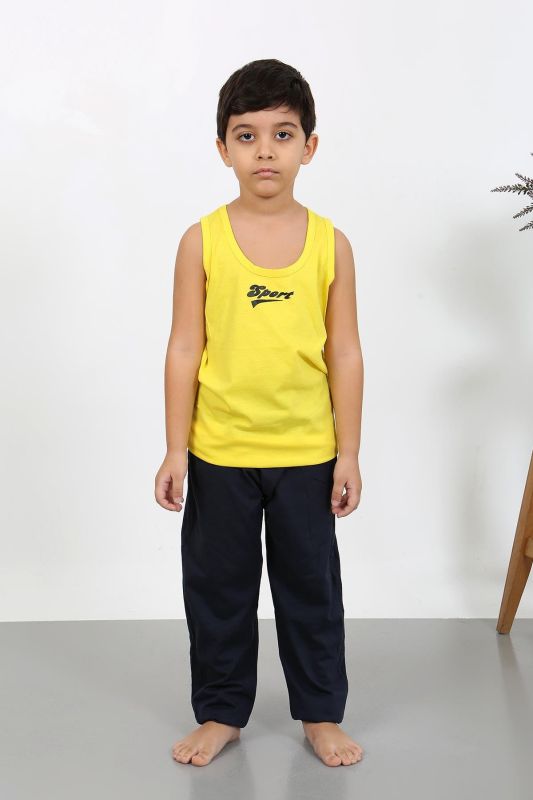 Moda Çizgi Erkek Çocuk Sıfır Kol Penye Pijama Takım Sarı 20439 - 3