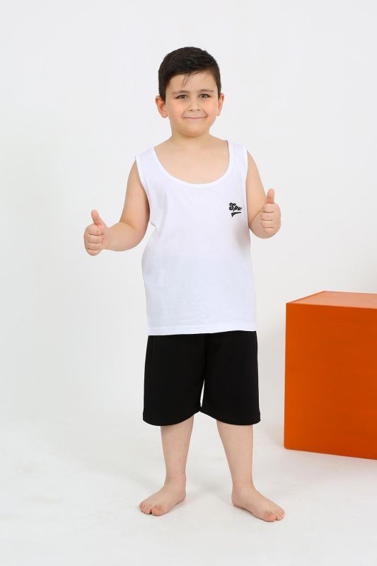 Moda Çizgi Erkek Çocuk Sıfır Kol Şortlu Beyaz Penye Pijama Takımı 20434 - 2