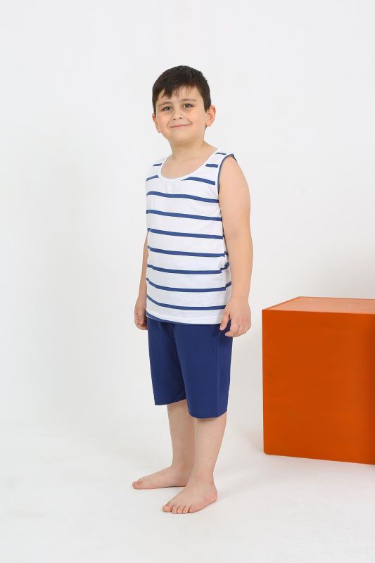 Moda Çizgi Erkek Çocuk Sıfır Kol Şortlu Beyaz Penye Pijama Takımı 20435 - 1
