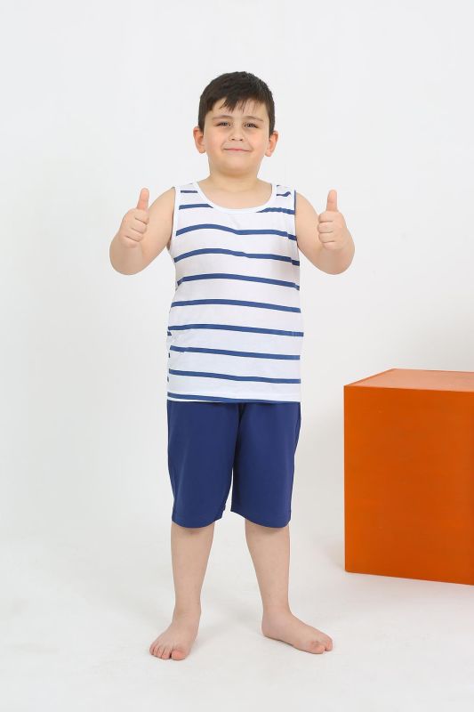Moda Çizgi Erkek Çocuk Sıfır Kol Şortlu Beyaz Penye Pijama Takımı 20435 - 2