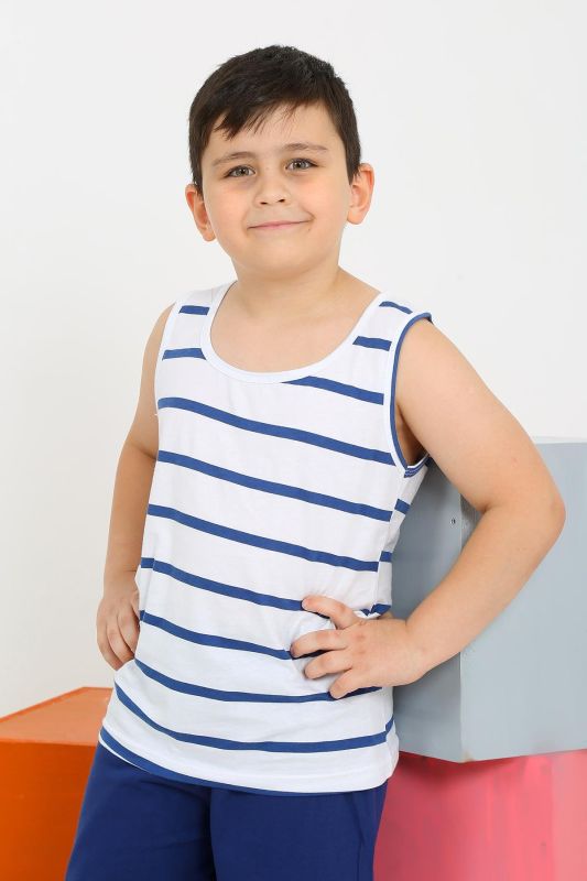 Moda Çizgi Erkek Çocuk Sıfır Kol Şortlu Beyaz Penye Pijama Takımı 20435 - 3