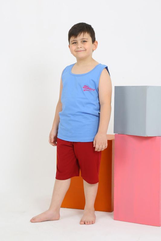 Moda Çizgi Erkek Çocuk Sıfır Kol Şortlu Mavi Penye Pijama Takımı 20434 - 1