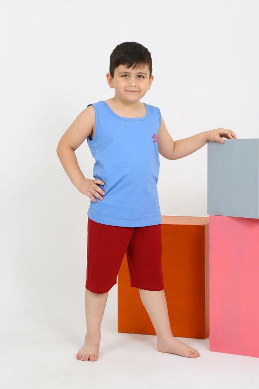 Moda Çizgi Erkek Çocuk Sıfır Kol Şortlu Mavi Penye Pijama Takımı 20434 - 2