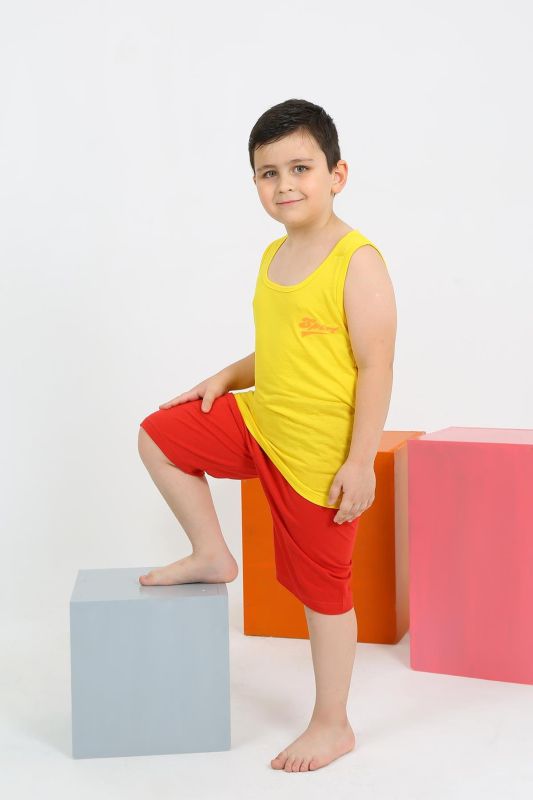 Moda Çizgi Erkek Çocuk Sıfır Kol Şortlu Sarı Penye Pijama Takımı 20434 - 1