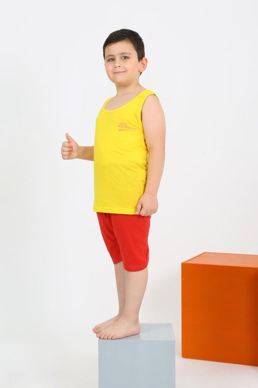 Moda Çizgi Erkek Çocuk Sıfır Kol Şortlu Sarı Penye Pijama Takımı 20434 - 2