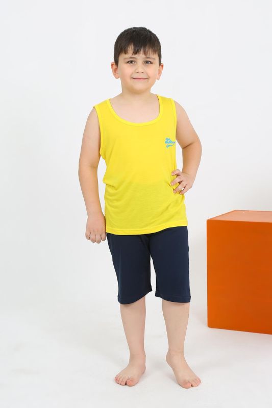 Moda Çizgi Erkek Çocuk Sıfır Kol Şortlu Sarı Penye Pijama Takımı 20435 - 2