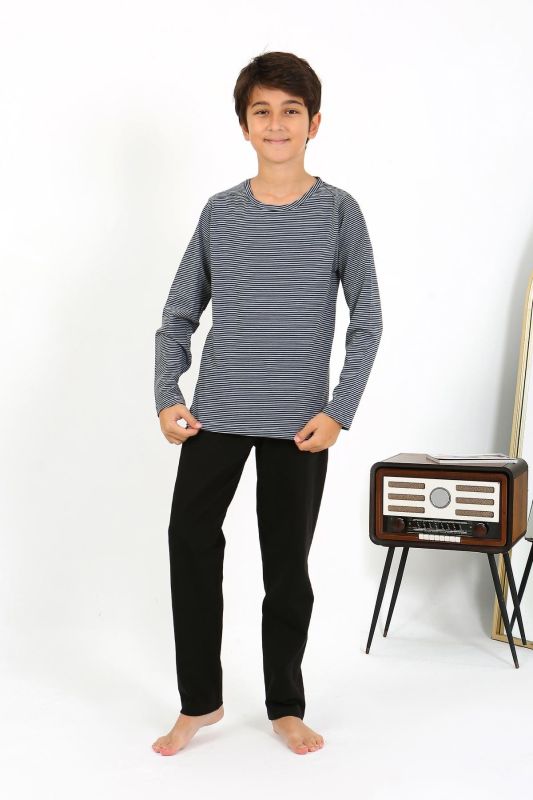 Moda Çizgi Erkek Çocuk Uzun Kol Penye Pijama Takım 20438 Gri - 1