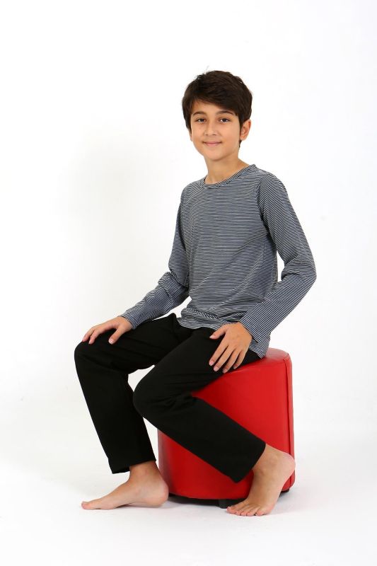 Moda Çizgi Erkek Çocuk Uzun Kol Penye Pijama Takım 20438 Gri - 3