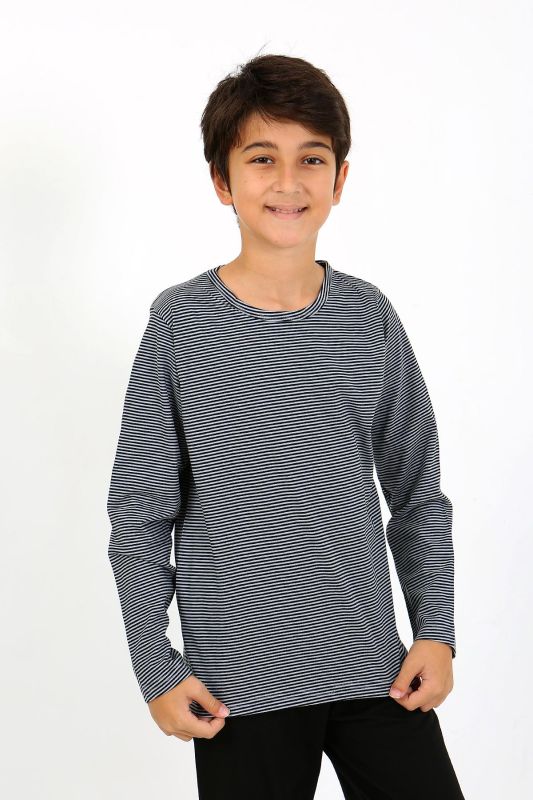 Moda Çizgi Erkek Çocuk Uzun Kol Penye Pijama Takım 20438 Gri - 4