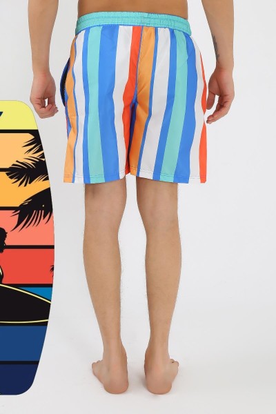 Moda Çizgi Erkek Desenli Fermuar Cepli Deniz Şortu Mavi 27526 - Thumbnail