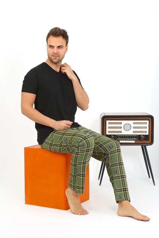 Moda Çizgi Erkek Ekoseli Desen Penye Tek Alt Pijama 27540 Haki - 4