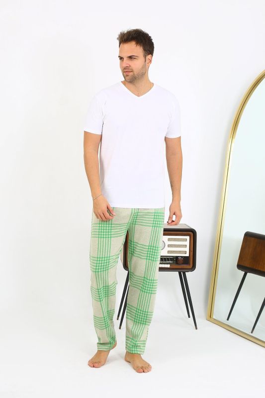 Moda Çizgi Erkek Ekoseli Desen Penye Tek Alt Pijama 27540 Yeşil - 1