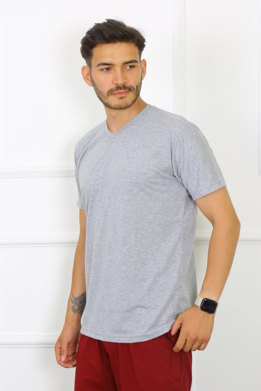 Moda Çizgi Erkek Gri %100 Pamuklu T-Shirt 27486 - 2