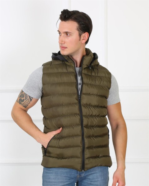 Moda Çizgi Erkek Kapşonlu Haki Şişme Yelek 75100 - Thumbnail