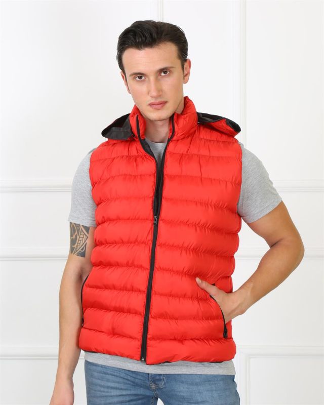 Moda Çizgi Erkek Kapşonlu Kırmızı Şişme Yelek 75100 - 4