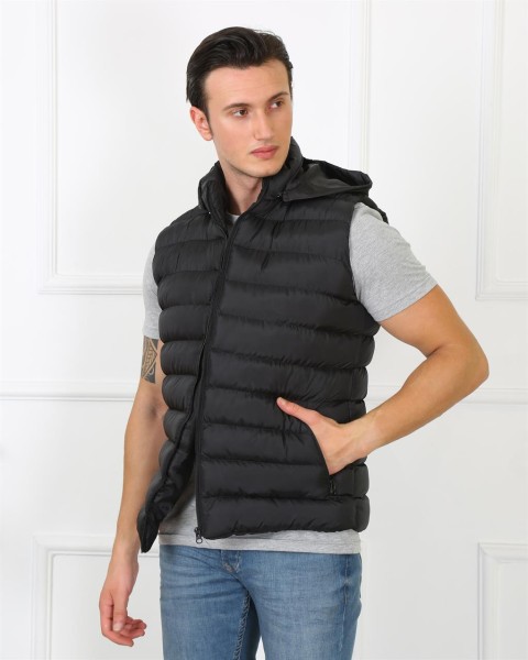 Moda Çizgi Erkek Kapşonlu Siyah Şişme Yelek 75100 - Thumbnail
