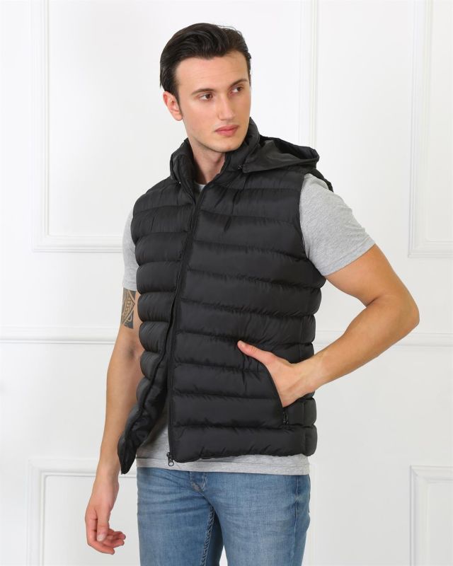 Moda Çizgi Erkek Kapşonlu Siyah Şişme Yelek 75100 - 2