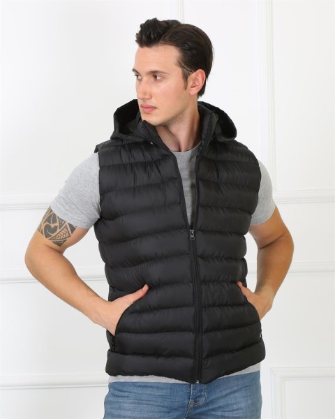 Moda Çizgi Erkek Kapşonlu Siyah Şişme Yelek 75100 - Thumbnail