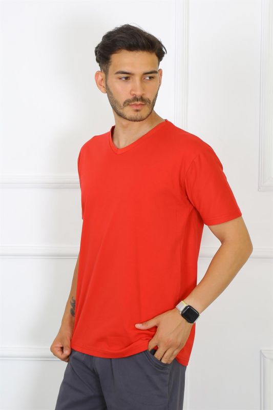 Moda Çizgi Erkek Kırmızı %100 Pamuklu T-Shirt 27486 - 2