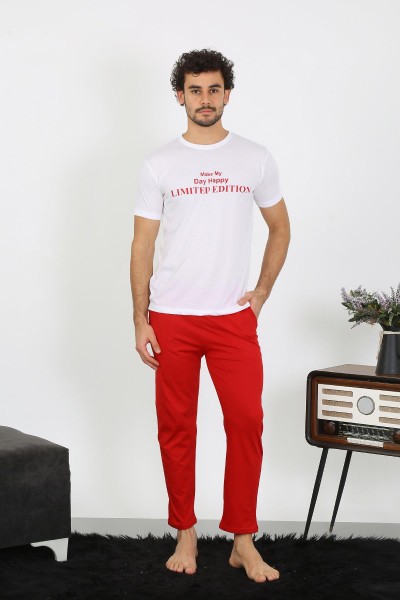 moda çizgi Erkek Kısa Kol Penye Beyaz Pijama Takımı 6846 - Thumbnail