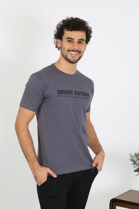 moda çizgi Erkek Kısa Kol Penye Füme Pijama Takımı 6846 - 2