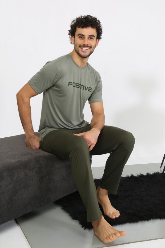 moda çizgi Erkek Kısa Kol Penye Haki Pijama Takımı 6846 - 1