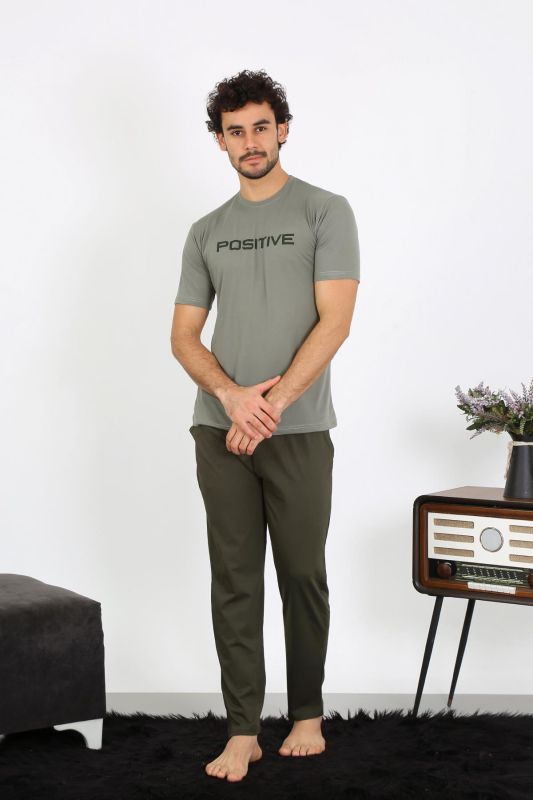 moda çizgi Erkek Kısa Kol Penye Haki Pijama Takımı 6846 - 2