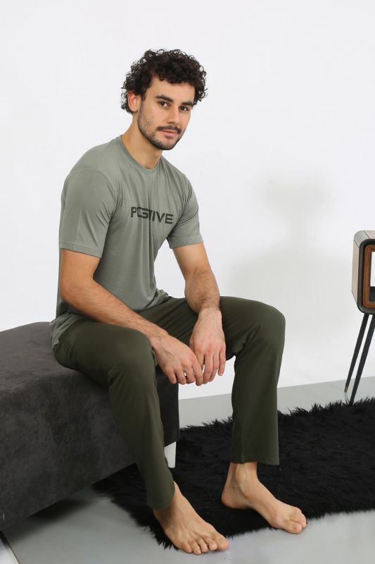 moda çizgi Erkek Kısa Kol Penye Haki Pijama Takımı 6846 - 3