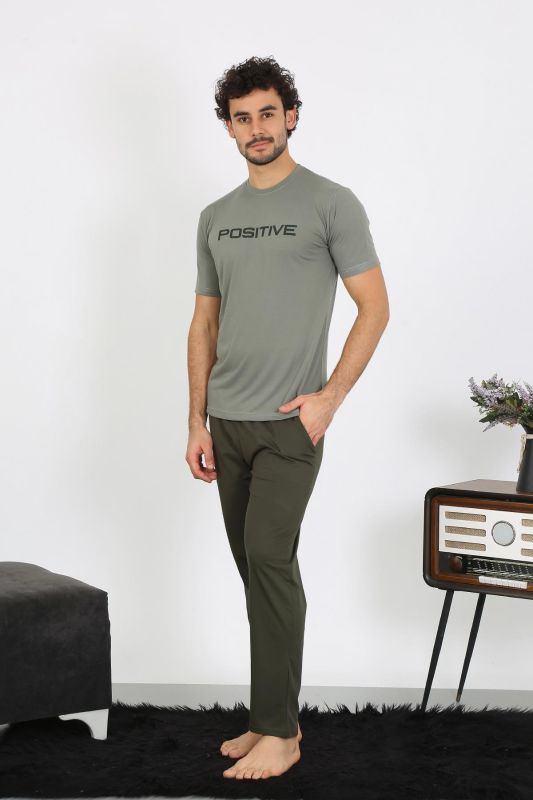 moda çizgi Erkek Kısa Kol Penye Haki Pijama Takımı 6846 - 4