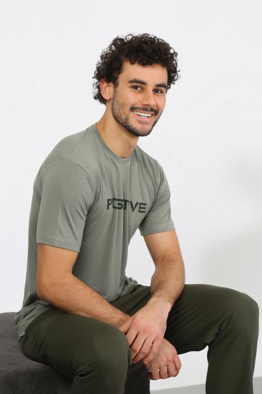 moda çizgi Erkek Kısa Kol Penye Haki Pijama Takımı 6846 - 5