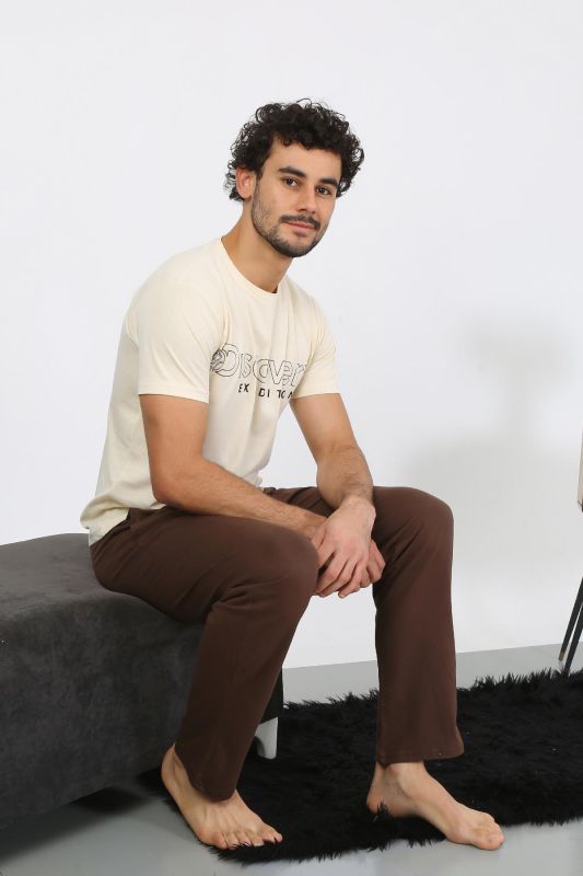 moda çizgi Erkek Kısa Kol Penye Krem Pijama Takımı 6846 - 1