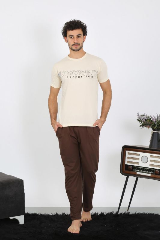 moda çizgi Erkek Kısa Kol Penye Krem Pijama Takımı 6846 - 2