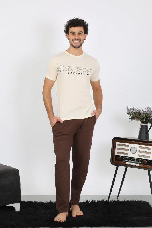 moda çizgi Erkek Kısa Kol Penye Krem Pijama Takımı 6846 - 3